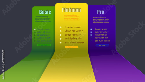 A scheme for buying on a site with three categories. In yellow green and blue shades. Select service quality. Vector illustration.