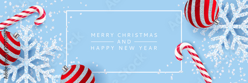Merry Christmas, Happy New Year poster, banner background. Vector 3d realistic illustration of snowflakes, balls, candie