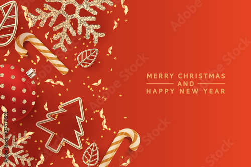 Christmas golden holiday decoration. Vector 3d illustration of Christmas tree, snowflakes, balls and gold metal leaves.