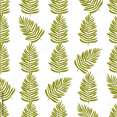 Palm leaves seamless pattern on white background. Vector illustration in hand-drawn flat