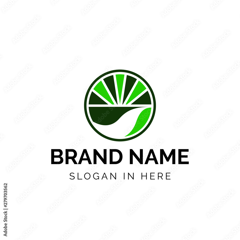 river landscape with bright sun logo design river landscape with bright sun logo design