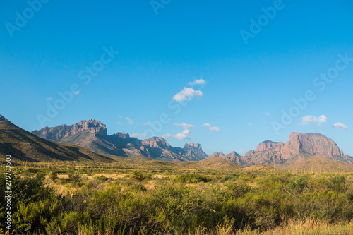 Desert landscape view of the Chisos Basin during the day in Big Bend National Park (Texas).