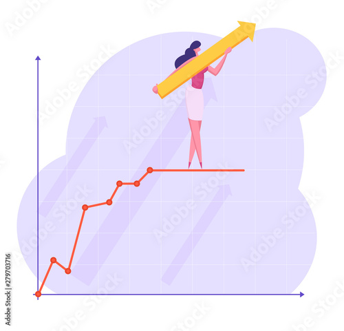 Business Woman with Huge Arrow in Hands Stand on Top of Growing Business Chart Curve Line on Coordinate System, Business Coach Conducting Corporate Success Education, Cartoon Flat Vector Illustration