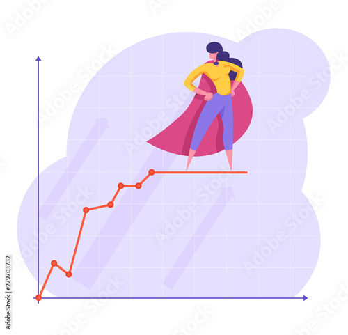 Confident Business Woman in Red Super Hero Cloak with Arms Akimbo Stand on Top of Growing Chart. Leader, Data Analysis Arrow Graph, Financial Profit Statistic Diagram. Cartoon Flat Vector Illustration