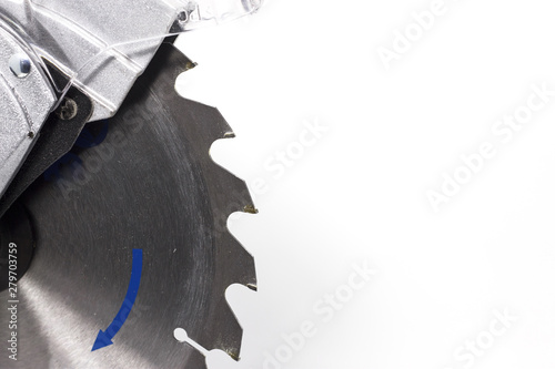 circular miter saw blade on white background space for text