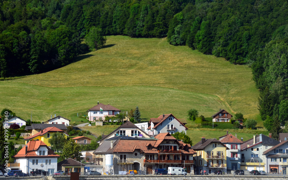 A small European town in the mountains. The shores of lake Joux, in Switzerland.