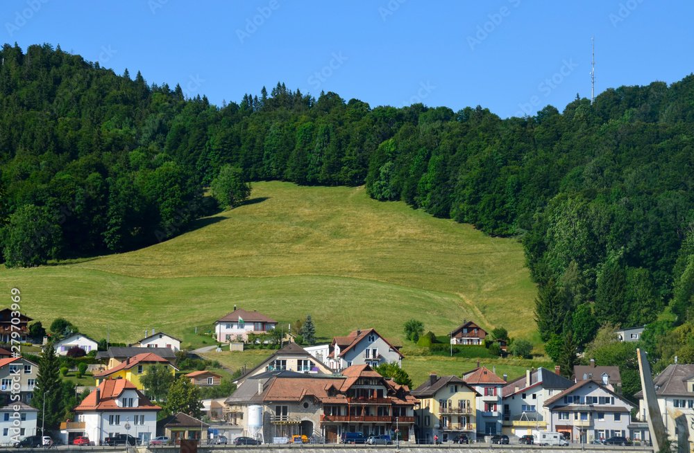 A small European town in the mountains. The shores of lake Joux, in Switzerland.