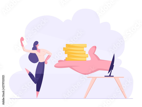 Happy Confident Business Woman Demonstrate Muscles Receive Money from Hand at Computer Monitor. Internet Earning, Investment, Income, Businesswoman Make Money Online. Cartoon Flat Vector Illustration