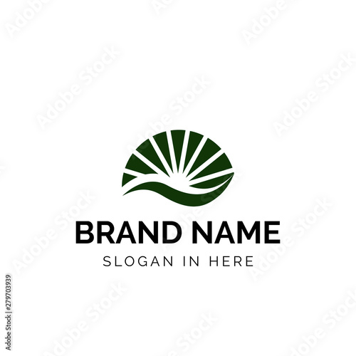 river landscape with bright sun logo  vector design illustration