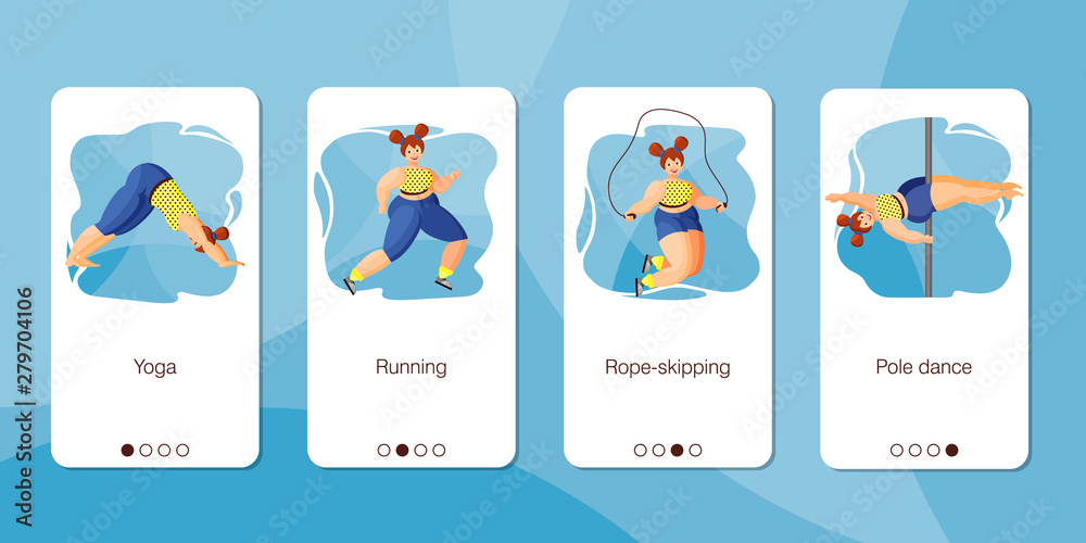Set of mobile app page design, screen set on effective sports for plus size women theme