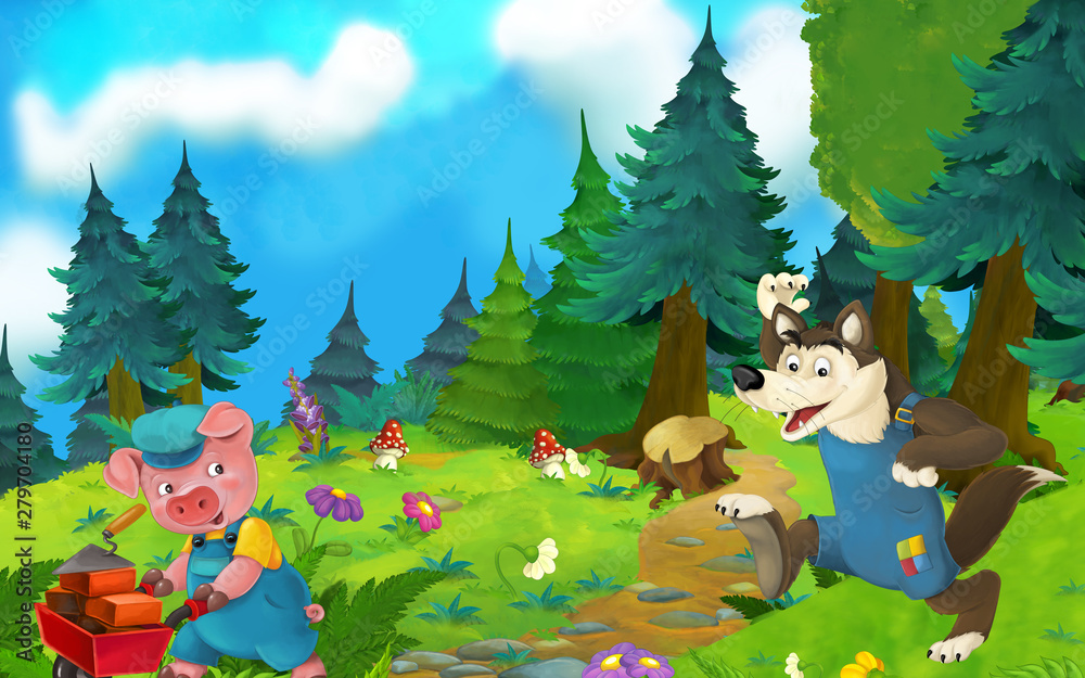 Cartoon fairy tale scene with wolf and pig on the meadow - illustration ...
