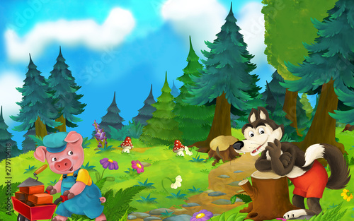 Cartoon fairy tale scene with wolf and pig on the meadow - illustration for children © agaes8080