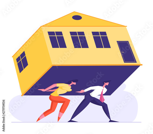 Man and Woman Carry Heavy Huge House on Back. Family Couple Characters Struggling with Overwhelming Mortgage, Banking Credit for ReaL Estate Purchase, Expensive Rent. Cartoon Flat Vector Illustration