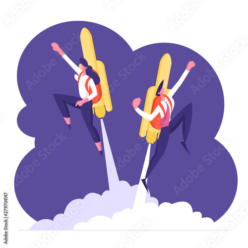 Couple of Cheerful Business Man and Woman Characters Flying Off with Jet Pack. Office Workers Flying Up by Rocket on Back Take Off the Ground. Career Boost, Start Up. Cartoon Flat Vector Illustration