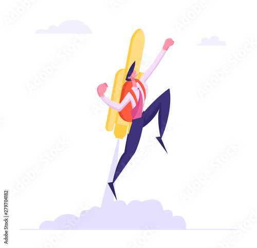 Cheerful Businessman Flying Off with Jet Pack. Male Office Worker Flying Up by Rocket on Back Take Off the Ground. Business Concept Career Boost, Start Up and Growth. Cartoon Flat Vector Illustration