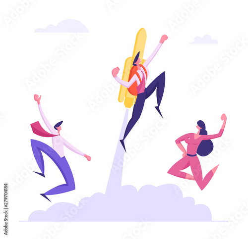Cheerful Colleagues See Off Cool Businessman Flying Off with Jet Pack. Great Start, Career Boost or Fast Business Growth with Male Office Worker with Rocket on Back. Cartoon Flat Vector Illustration