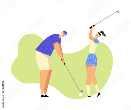 Senior Man and Young Woman in Uniform Playing Golf on Course with Green Grass, Hitting Ball to Hole, Sport Game, Tournament, Summer Spare Time, Luxury Recreation. Cartoon Flat Vector Illustration