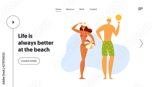 Characters Spend Time on Beach, Young Tanned Girl in Bikini and Sporty Man in Swimming Shorts Holding Ball, Leisure, Summertime Website Landing Page, Web Page. Cartoon Flat Vector Illustration, Banner
