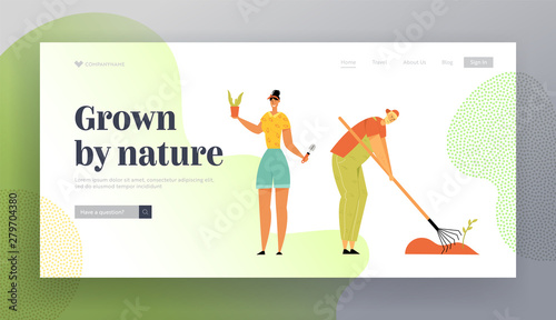 Man and Woman Gardeners Planting and Caring of Plants Weeding Garden Bed. Farmer Growing Vegetables on Farm. Farmer Production Website Landing Page, Web Page. Cartoon Flat Vector Illustration, Banner
