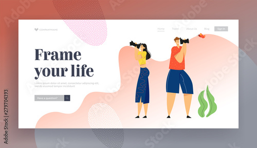 Tourists with Photo Camera Making Picture of Butterfly. Creative Hobby, Character Having Rest on Nature, Outdoor Activity, Website Landing Page, Web Page. Cartoon Flat Vector Illustration, Banner