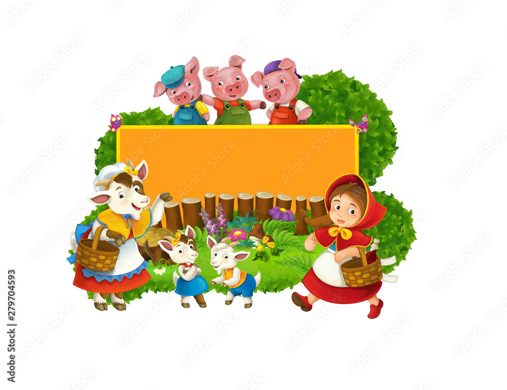Obraz premium Cartoon fairy tale scene with wolf and title frame with different characters - illustration for children
