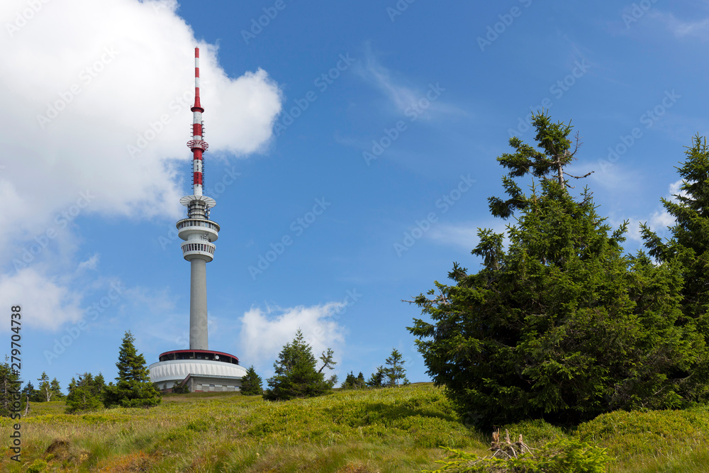 Fototapeta premium Highest Peak of Moravia, Praded 1492 m with Watchtover in Jesenik, Czech Republic