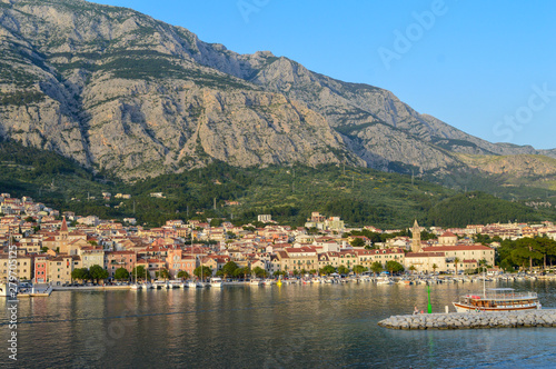  View of Makarska city center from the sea in Makarska, Dalmatia, Croatia on June 11, 2019. 