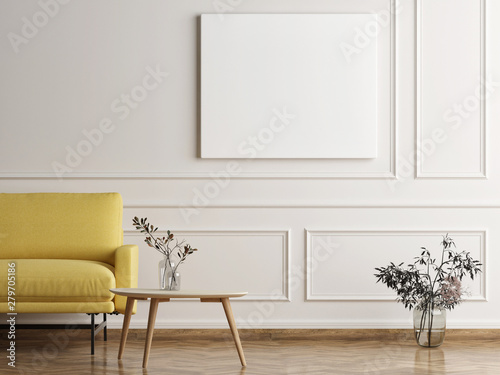 Fototapeta Naklejka Na Ścianę i Meble -  Mock up poster in Scandinavian home, Sofa with minimalism design, 3d render, 3d illustration.