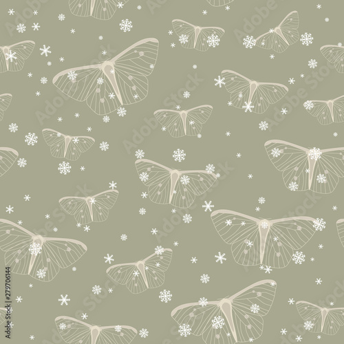 Seamless monochrome animal pattern or texture wth silhouettes of butterflies or moths and snowflakes.