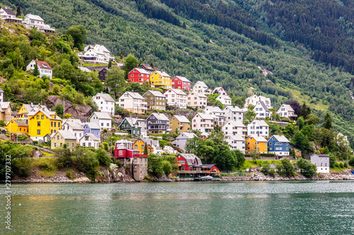 Colorful norwegian residential houses on the hill of Sorfjord, Odda, Hordaland county, Norway photo