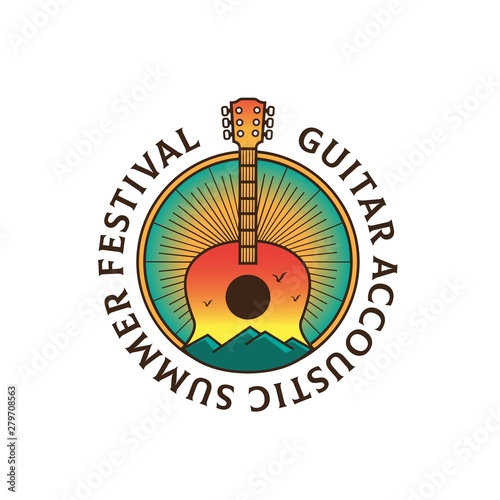 Guitar festival with landscape illustration logo design