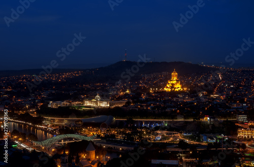 Panoramic view of night Tbilisi overlooking the government and the Holy Trinity Cathedral © Lianna Art