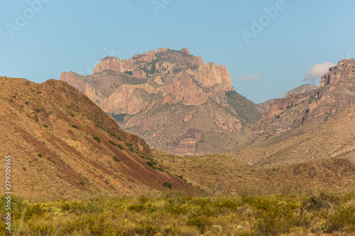 Desert landscape view of the Chisos Basin during the day in Big Bend National Park  Texas .