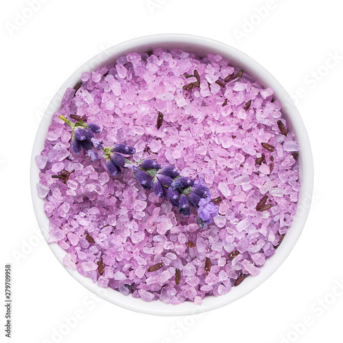 SPA concept. Lavender bath salt in bowl isolated over white background with clipping path. Top view