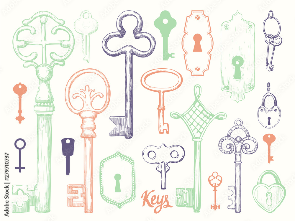 Vector set of hand-drawn antique keys. Illustration in sketch style on white background. Old design Vector set of hand-drawn antique keys. Illustration in sketch style on white background. Old design