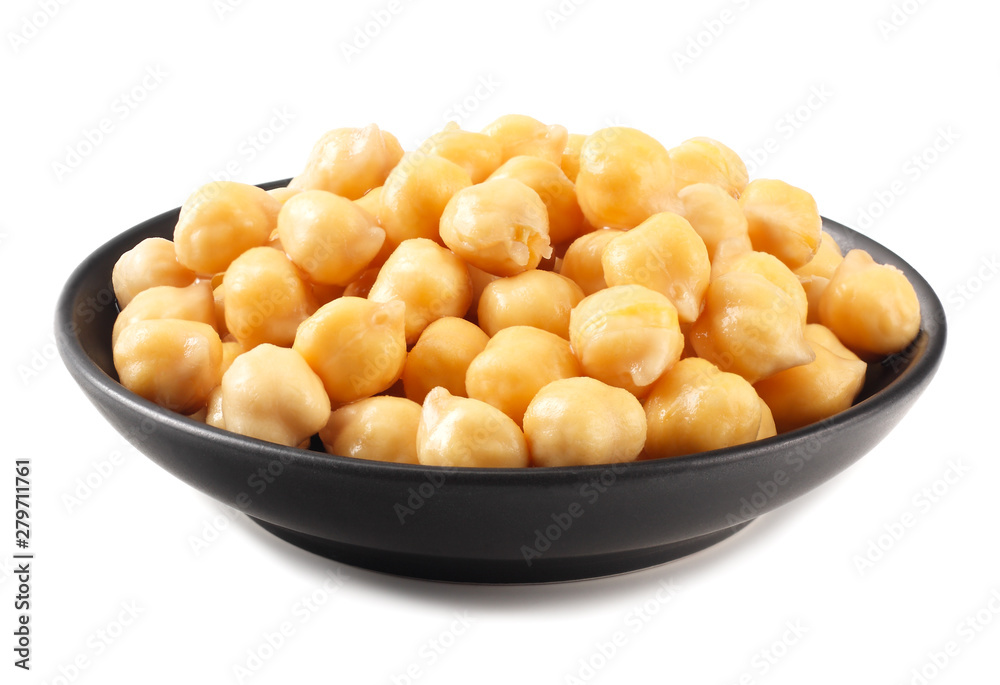 chickpeas in black bowl isolated on white background chickpeas in black bowl isolated on white background