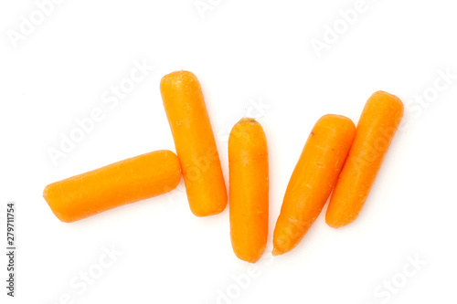 Group of five whole peeled orange baby cut carrot flatlay isolated on white background