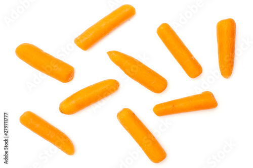Lot of whole peeled orange baby cut carrot flatlay isolated on white background