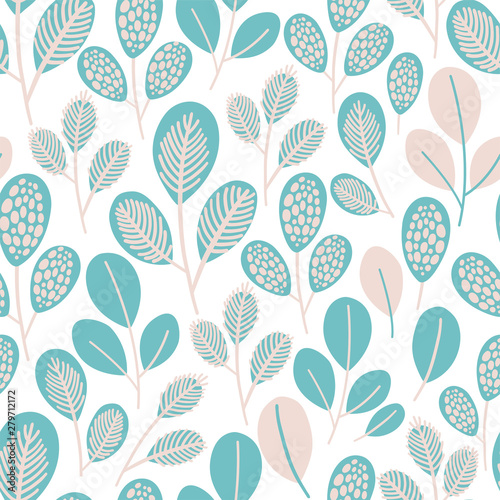 Vector seamless pattern on white with leaves and branch. Abstract background with floral elements. Natural design.