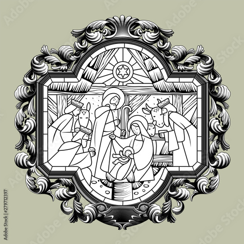 Linear drawing of Birth of Jesus Christ scene in cross shape in a classic decorative frame