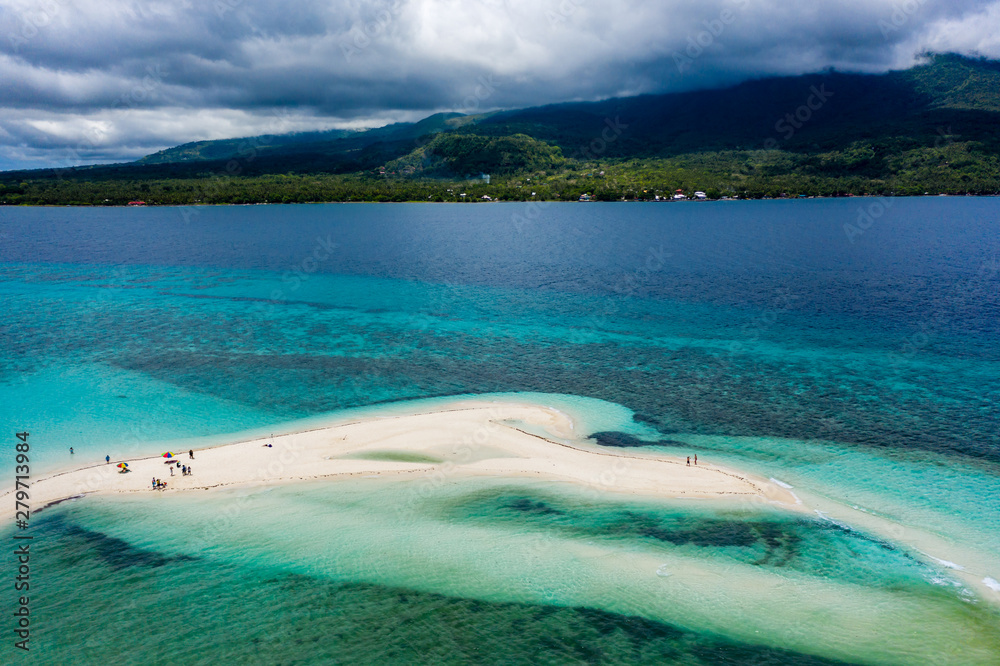 Aerial drone view of the sandy White Island off the coast of Camiguin in the Philippines