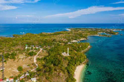 Aerial drone view of the tropical island of Malapascua in the Cebu region of the Philippines