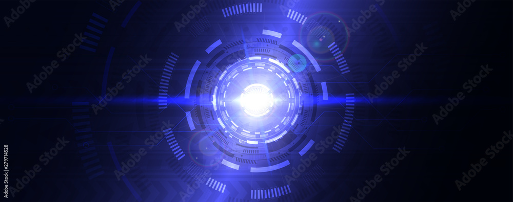 Digital abstract lens flare space, science fiction time and space travel cosmic background. Round futuristic energy reactor, technological light in the dark. Technology background, hi-tech concept. 