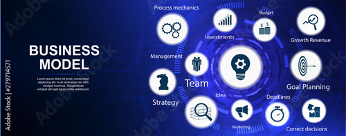 Business model vector banner with keywords and icons. Futuristic infographics of business structure, strategy and priorities (management and strategy, planning, goal and team). Business illustration 