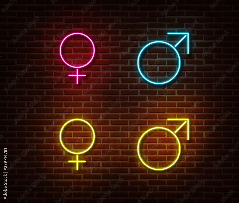 Neon gender symbols signs vector isolated on brick wall. Male and ...