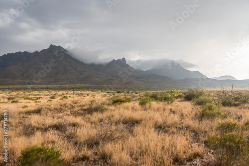 Landscape view of a thunderstorm passing through Big Bend National Park in Texas.
