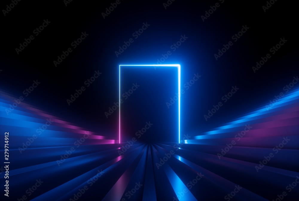 3d render, pink blue neon abstract background with glowing lines, ultraviolet light, laser show, wall reflection, rectangular shape - obrazy, fototapety, plakaty 