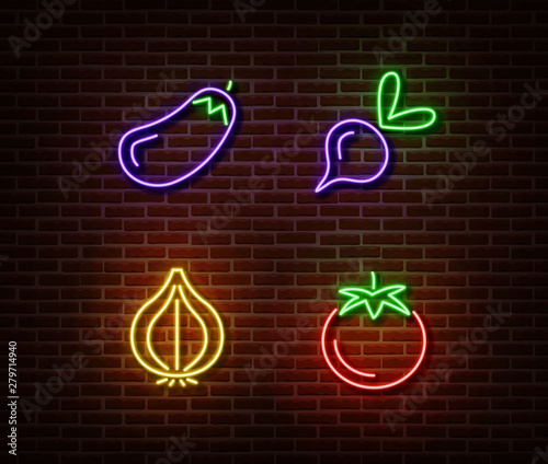 Neon vegetables signs vector isolated on brick wall. Eggplant, beetroot, onion, tomato light symbol,