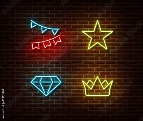 Neon celebration signs vector isolated on brick wall. Holiday flags, star, crown, diamond light symb