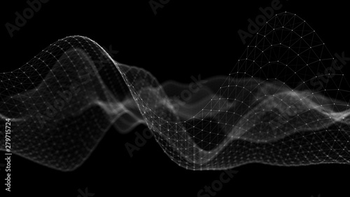 Wave 3d. Wave of particles. Abstract black Geometric Background. Big data visualization. Data technology abstract futuristic illustration. 3d rendering. © Vadym